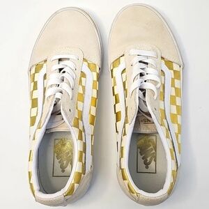 Vans Old Skool Cream Suede & Metallic Gold Checkered Sneakers‎